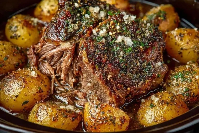 Tender slow cooker leg of lamb garnished with herbs and spices