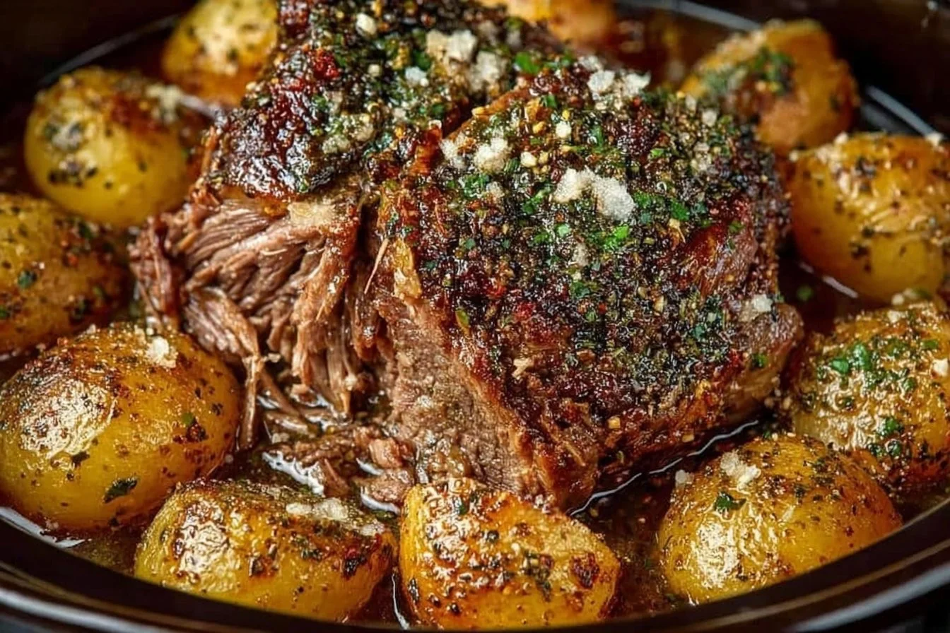 Tender slow cooker leg of lamb garnished with herbs and spices