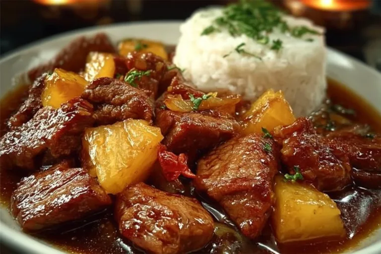 Slow Cooker Pineapple Pork served with rice and garnished with fresh pineapple
