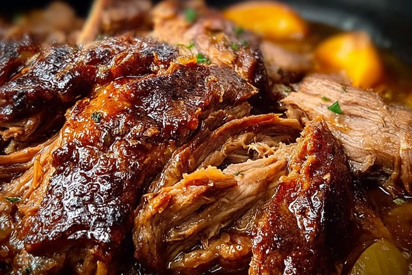 Slow cooker roast lamb with herbs and vegetables ready to serve