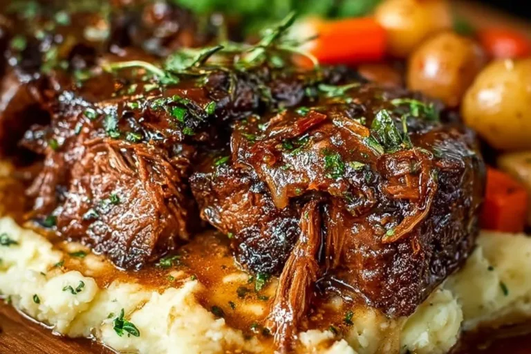 Delicious slow cooker short ribs garnished with herbs and served with sides