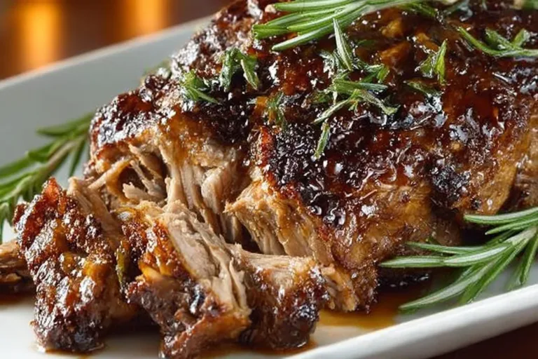 Slow roast leg of lamb seasoned and perfectly cooked with herbs and vegetables