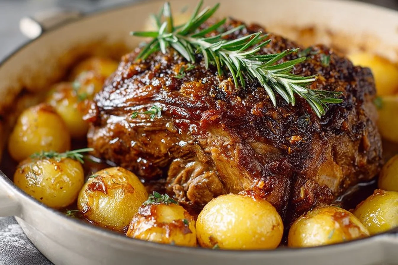 Delicious slow roasted Greek lamb with golden potatoes on a serving platter.
