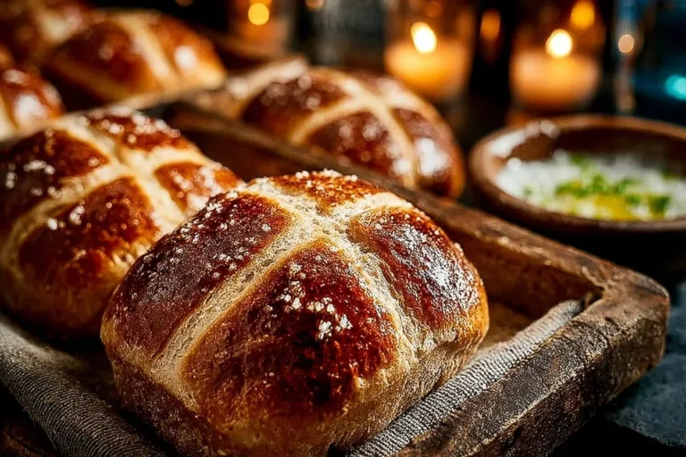 Freshly baked sourdough hot cross buns with spices and raisins on a cooling rack.