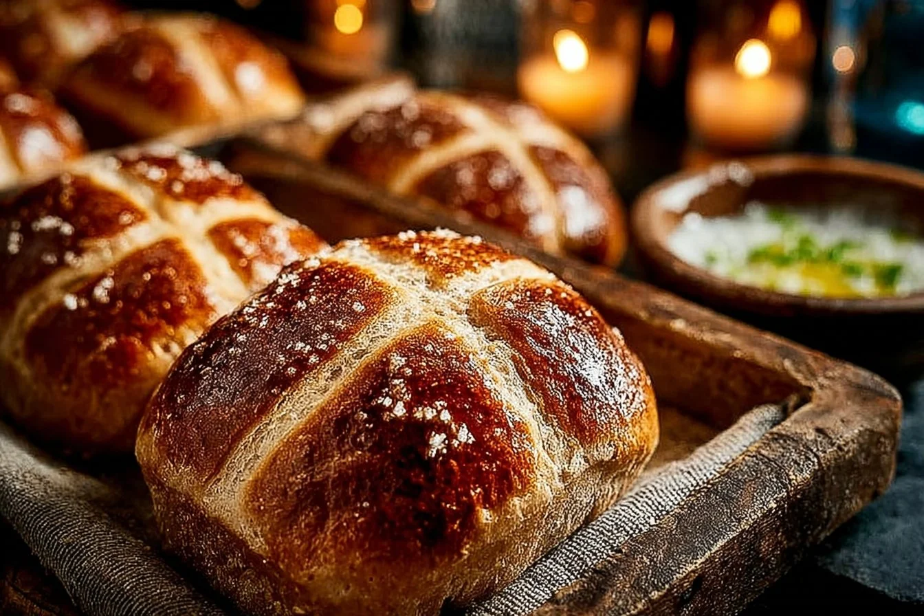 Freshly baked sourdough hot cross buns with spices and raisins on a cooling rack.