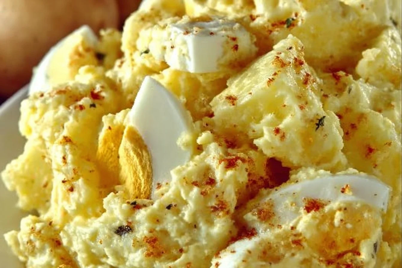 Creamy Southern potato salad served in a bowl garnished with fresh herbs.