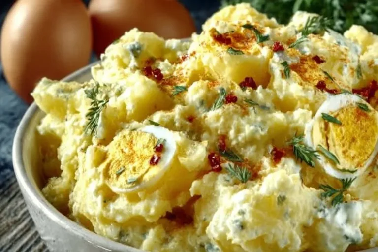 Delicious Southern potato salad served in a bowl with herbs and paprika