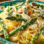 Plate of spaghetti squash with fresh spring vegetables