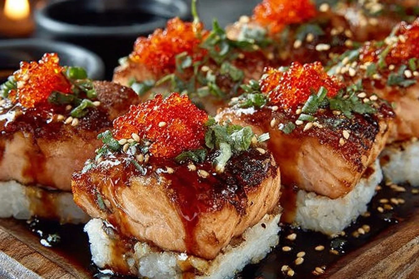 Baked Spicy Salmon Sushi with rice, seaweed, and toppings in a dish