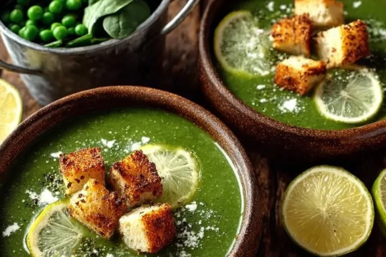 Bowl of freshly made spinach pea soup garnished with herbs