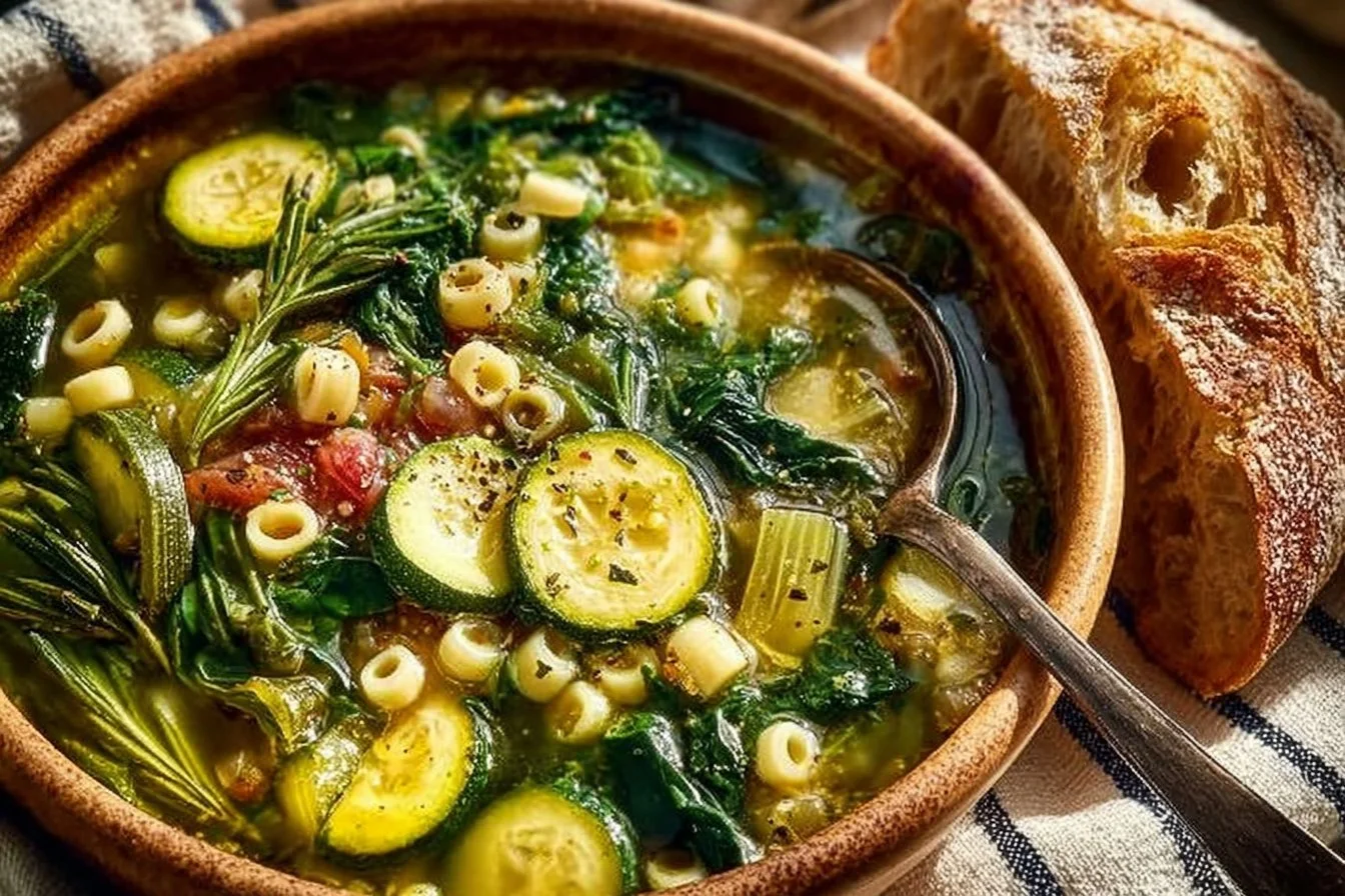 A bowl of vibrant Spring Minestrone Soup with fresh vegetables and herbs