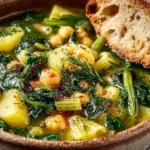 Delicious bowl of Spring Minestrone Soup filled with seasonal vegetables