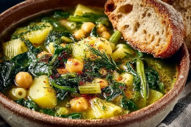 Delicious bowl of Spring Minestrone Soup filled with seasonal vegetables