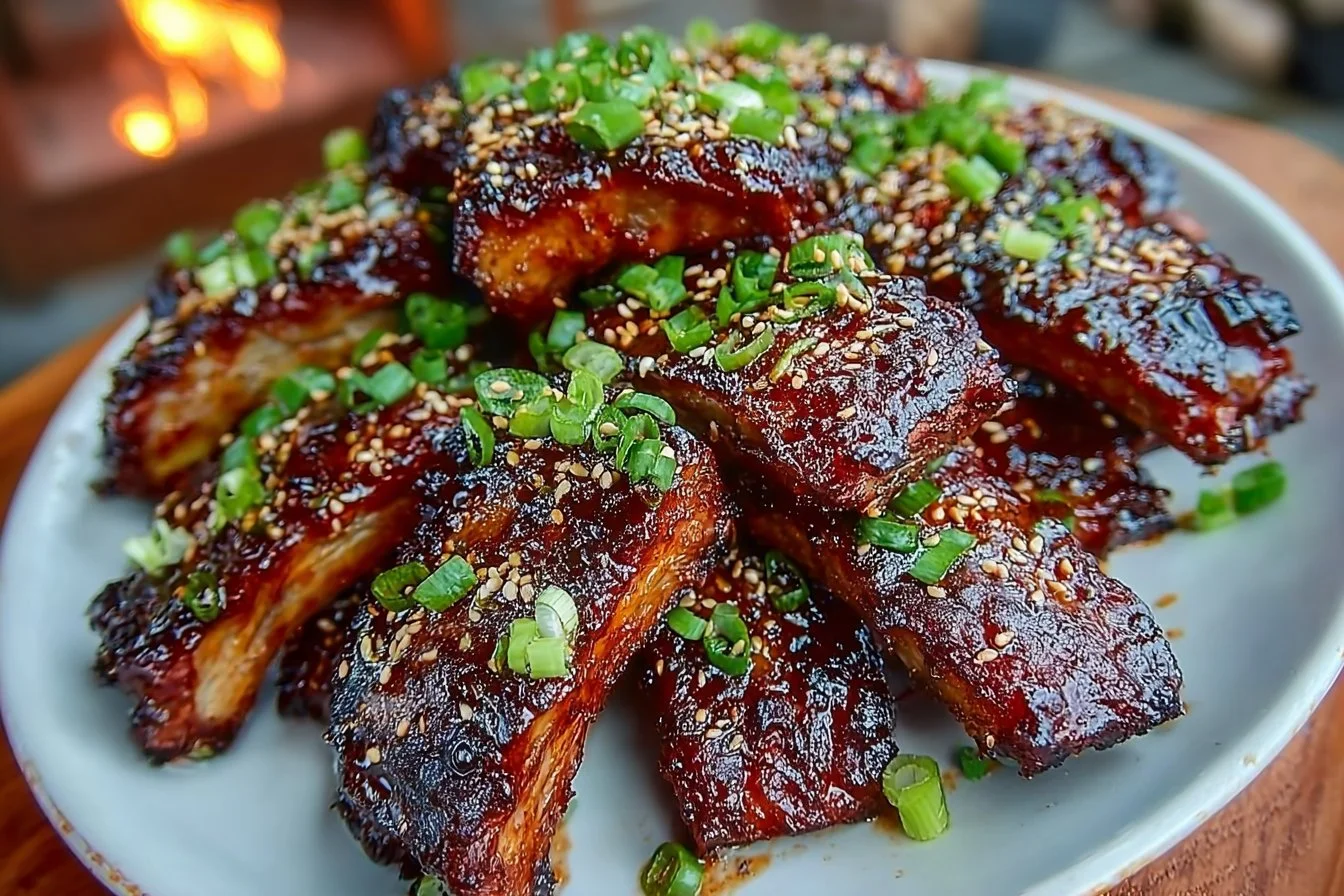 Delicious sticky fried ribs served on a plate, ready to enjoy.