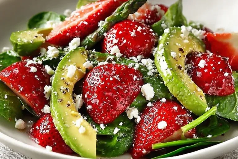 Fresh Strawberry Avocado Spinach Salad served in a bowl