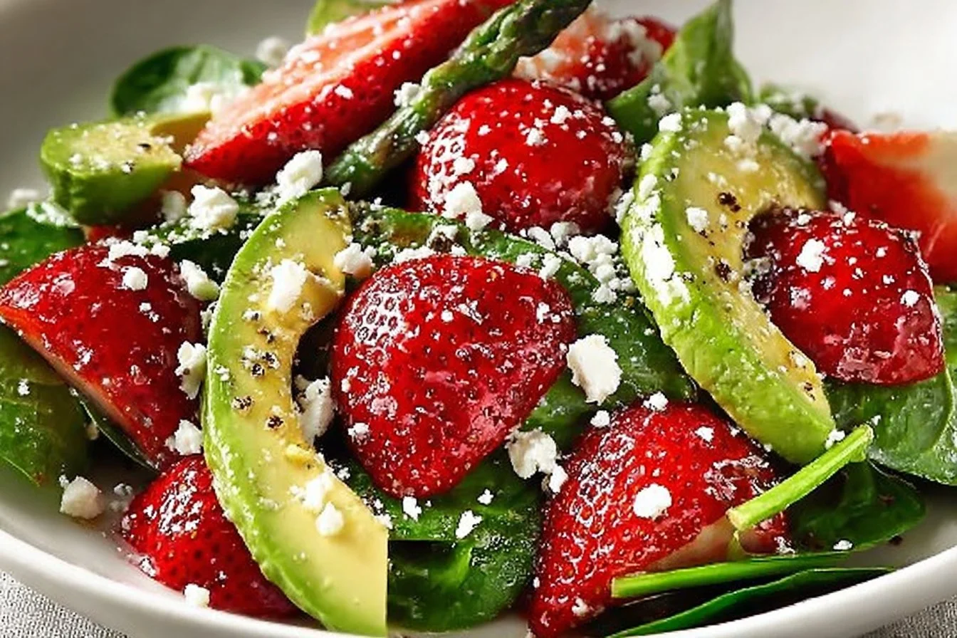 Fresh Strawberry Avocado Spinach Salad served in a bowl