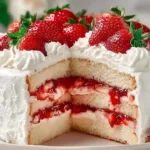 Delicious Strawberry Cream Cake topped with fresh strawberries and whipped cream