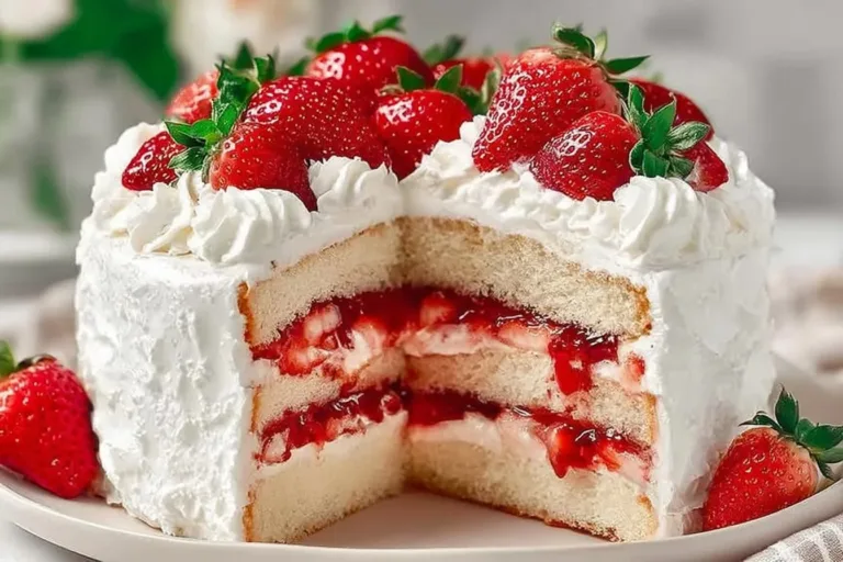 Delicious Strawberry Cream Cake topped with fresh strawberries and whipped cream
