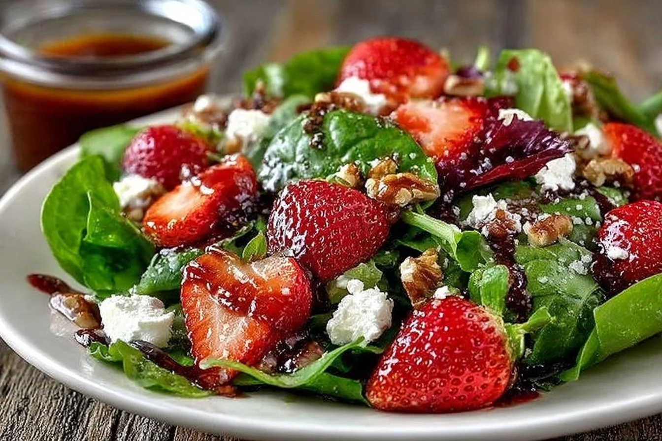 Fresh Strawberry Feta Salad with greens and walnuts