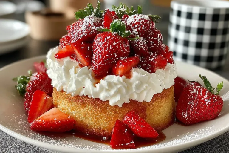 Delicious strawberry sheet shortcake topped with fresh strawberries and cream