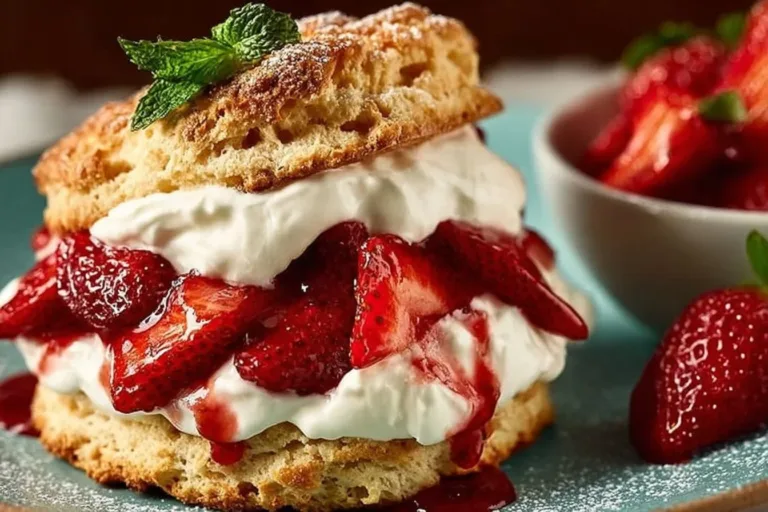 Delicious homemade strawberry shortcake with fresh berries and cream