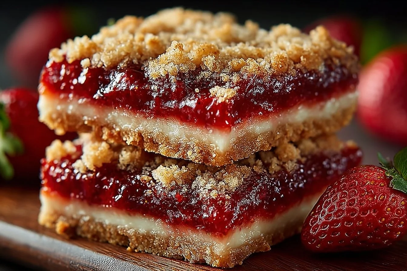 Strawberry shortcake bars topped with fresh strawberries and whipped cream