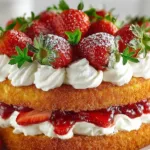 Delicious strawberry shortcake cake with fresh strawberries and whipped cream