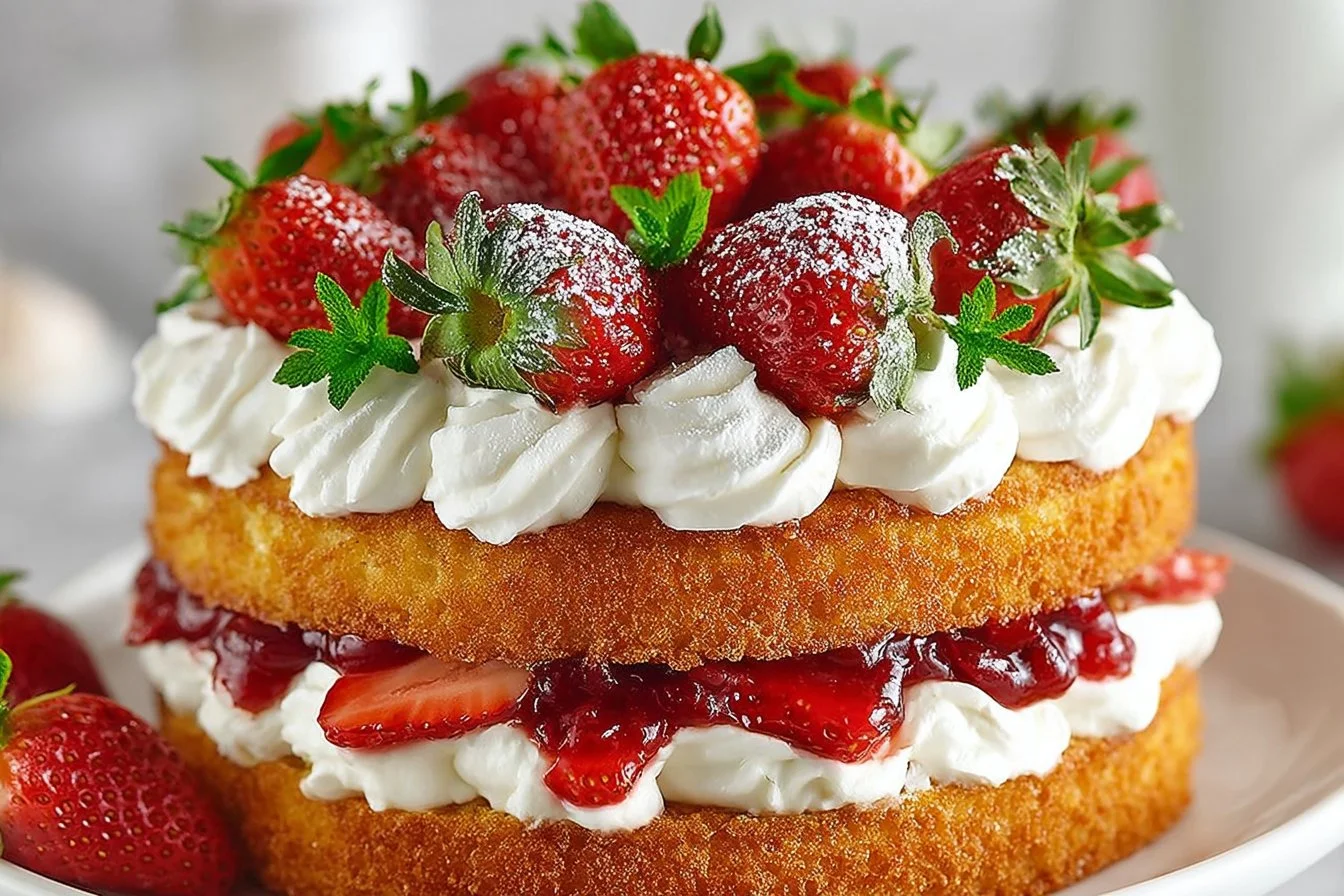 Delicious strawberry shortcake cake with fresh strawberries and whipped cream