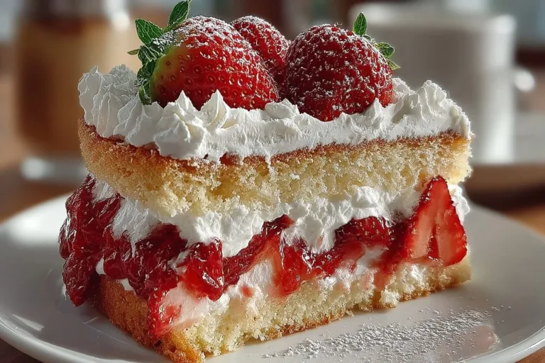 Delicious Strawberry Shortcake Cake topped with fresh strawberries and whipped cream.