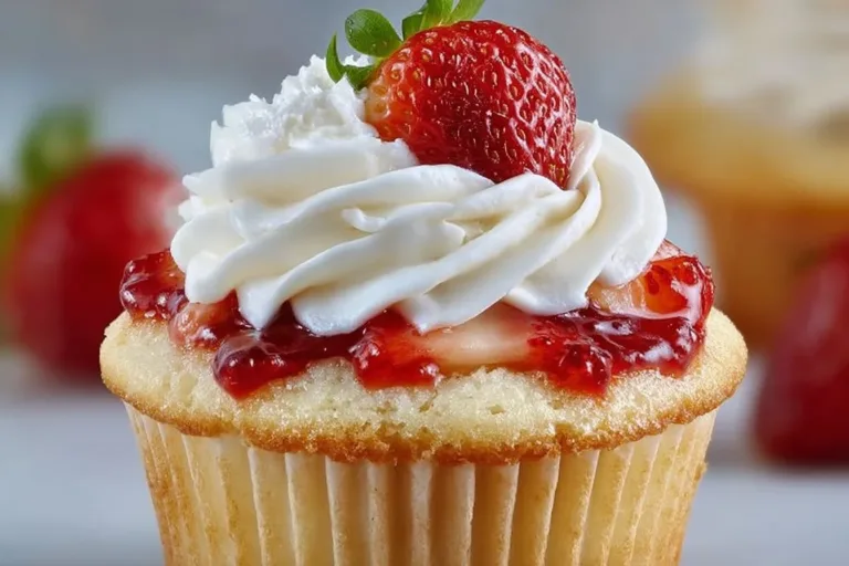 Strawberry Shortcake Cupcakes topped with fresh strawberries and whipped cream