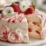 Delicious Strawberry Shortcake Layer Cake with fresh strawberries and whipped cream