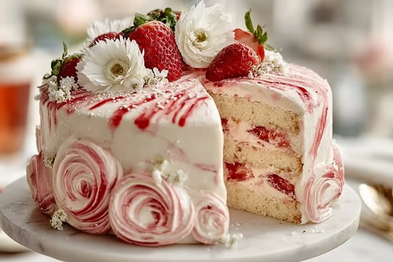 Delicious Strawberry Shortcake Layer Cake with fresh strawberries and whipped cream