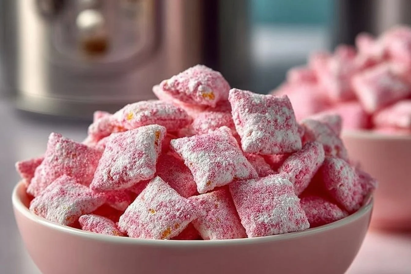 Bowl of Strawberry Shortcake Puppy Chow with colorful cereal and strawberries