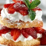 Delicious homemade strawberry shortcake topped with fresh strawberries and whipped cream