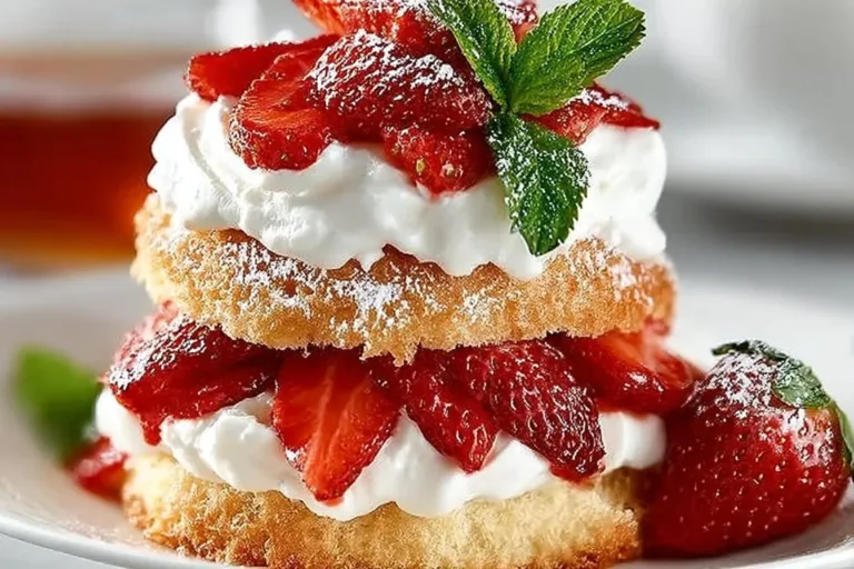Delicious homemade strawberry shortcake topped with fresh strawberries and whipped cream