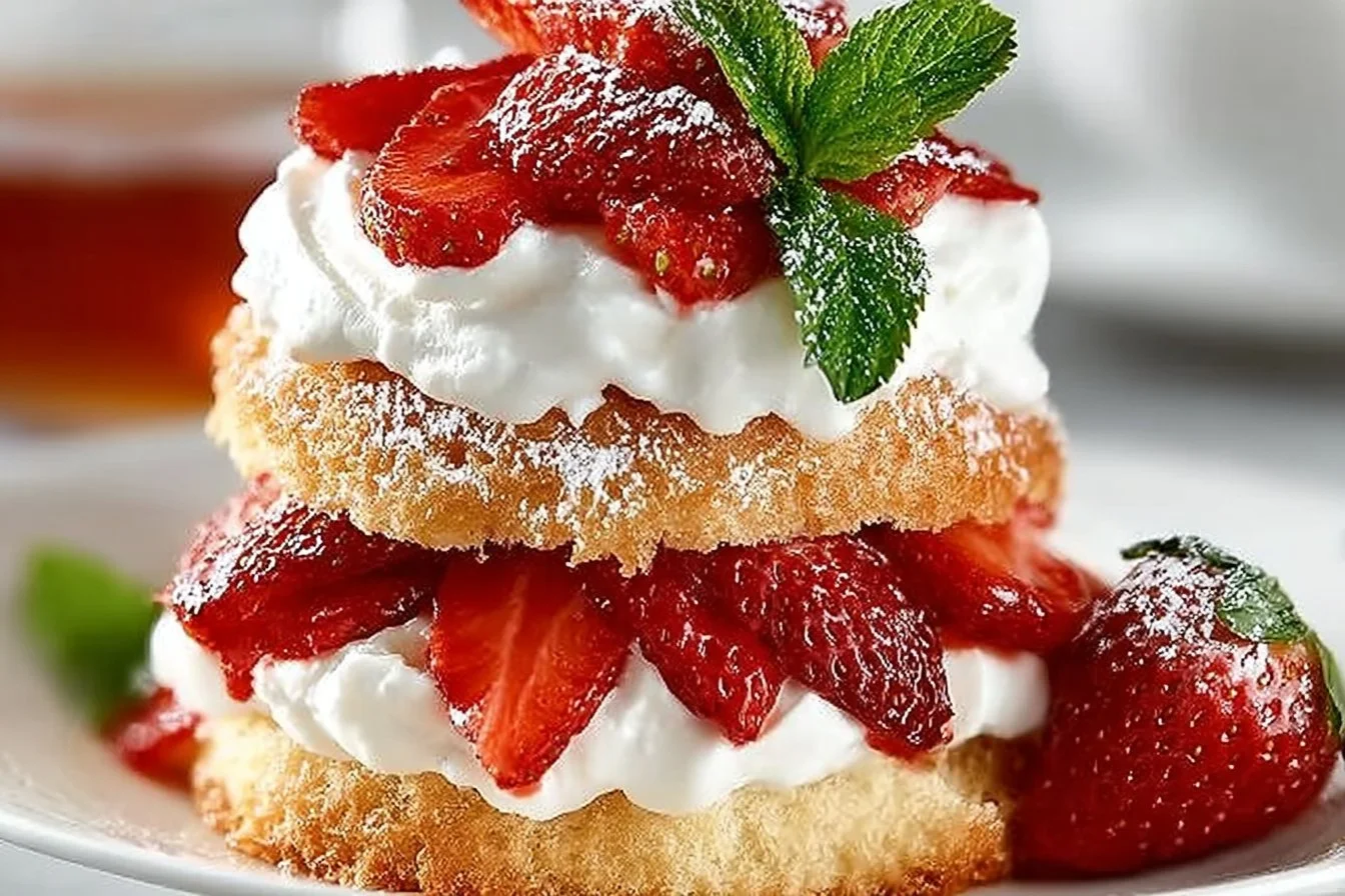 Delicious homemade strawberry shortcake topped with fresh strawberries and whipped cream