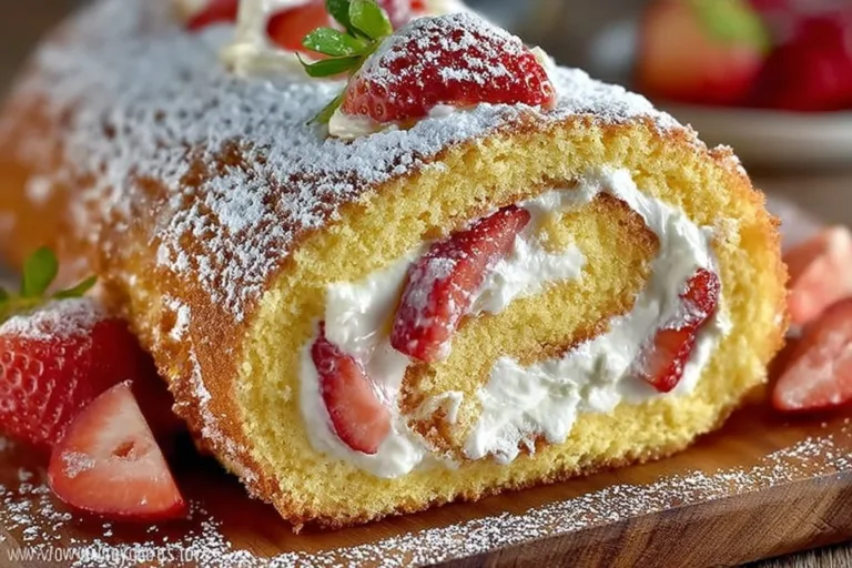 Strawberry Shortcake Roulade dessert with fresh strawberries and whipped cream