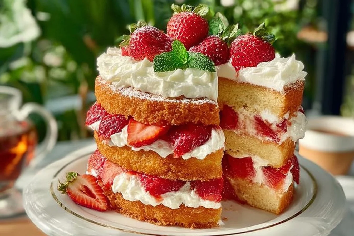 Delicious strawberry shortcake with layers of pound cake and fresh strawberries