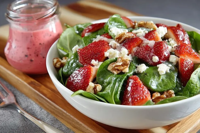 Fresh Strawberry Spinach Salad with nuts and dressing in a bowl