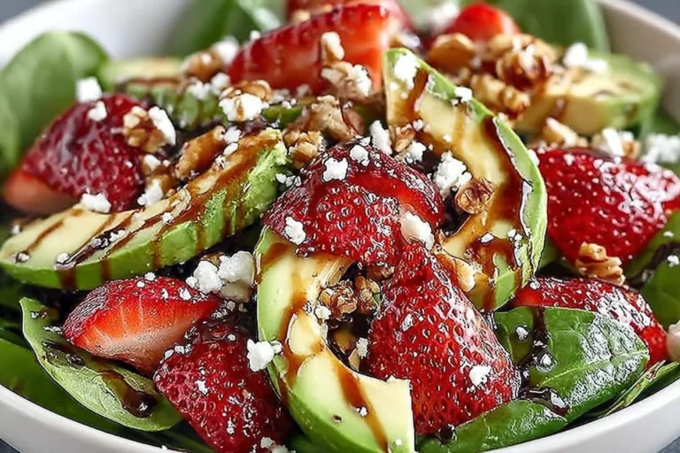Freshly prepared Strawberry Spinach Salad with vibrant colors and healthy ingredients.