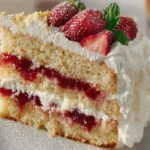 Delicious Strawberry Vanilla Cake decorated with fresh strawberries and frosting