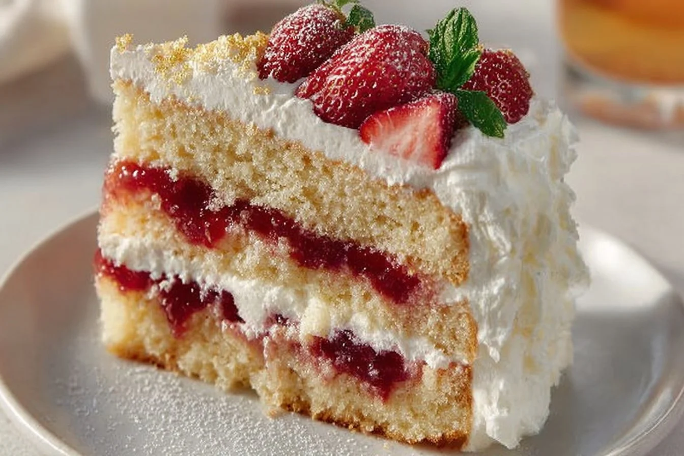 Delicious Strawberry Vanilla Cake decorated with fresh strawberries and frosting