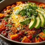 Bowl of sweet potato turkey chili topped with fresh herbs and served with bread.