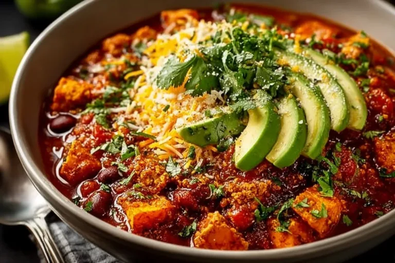 Bowl of sweet potato turkey chili topped with fresh herbs and served with bread.