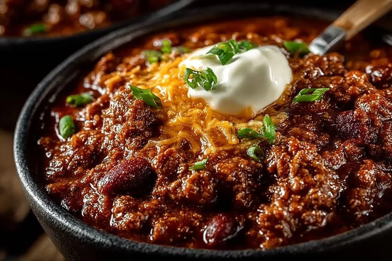 A bowl of the best ever chili topped with cheese and herbs