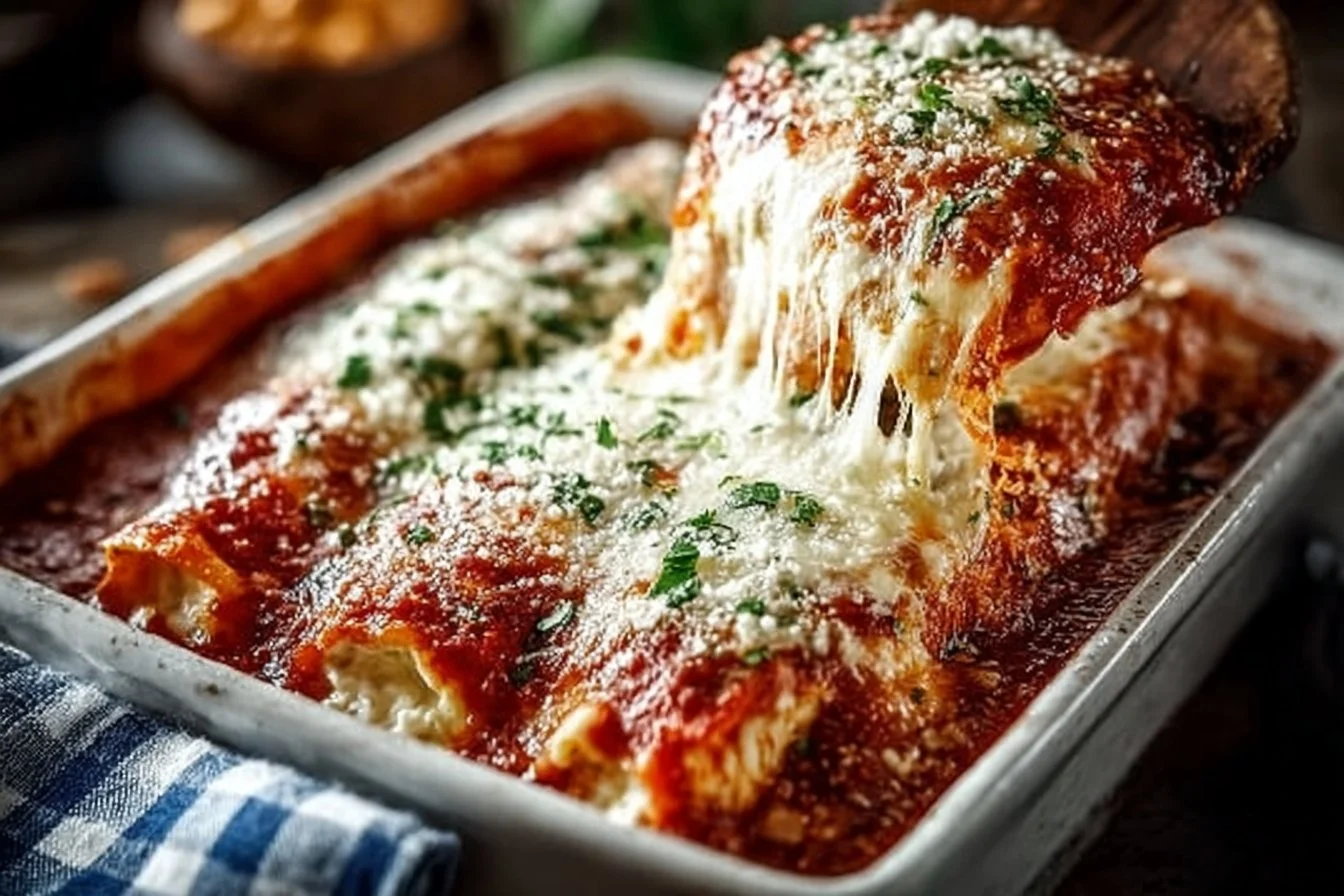 Three cheese manicotti served on a plate with fresh basil