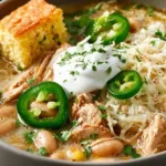 Bowl of delicious White Bean Chili garnished with fresh herbs