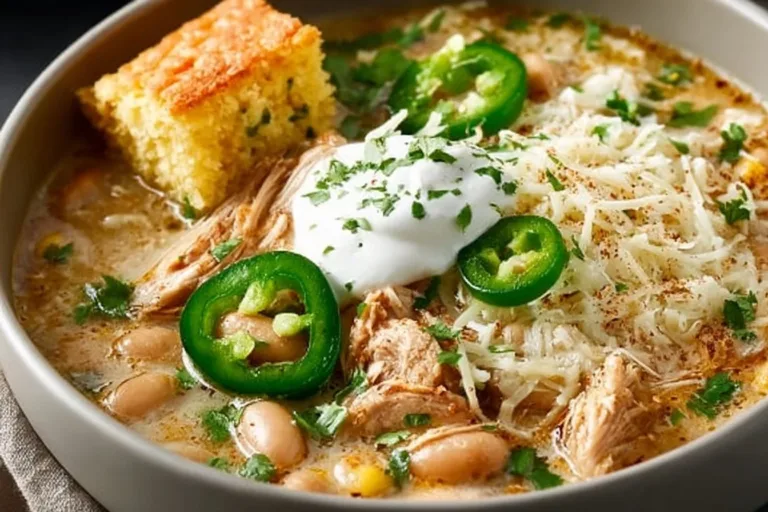Bowl of delicious White Bean Chili garnished with fresh herbs