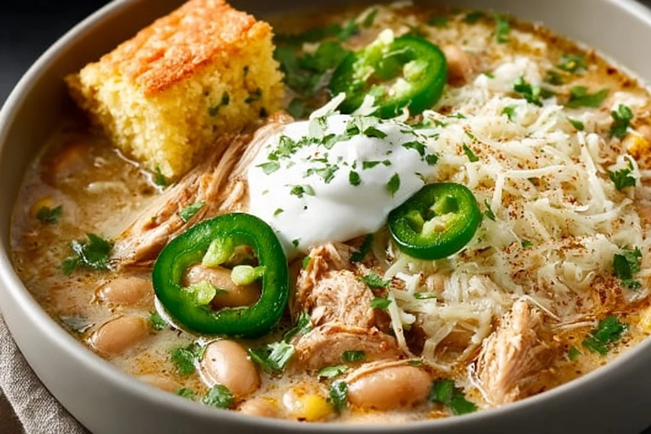 Bowl of delicious White Bean Chili garnished with fresh herbs