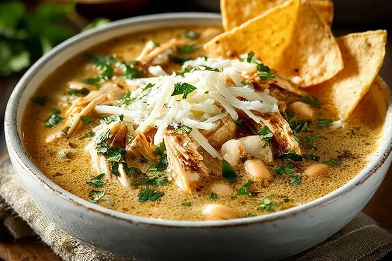 Bowl of White Chicken Chili topped with cilantro and avocado